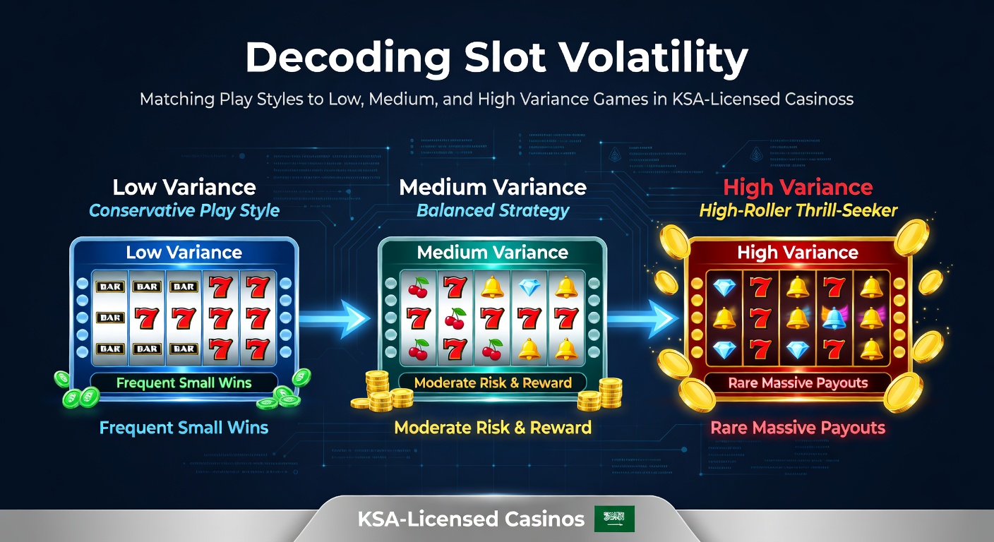 Grafiek die de uitbetalingscurves van lage, middelgrote en hoge volatiliteit slots vergelijkt, met pieken en dalen die de variatie illustreren in KSA-gelicentieerde online casinos