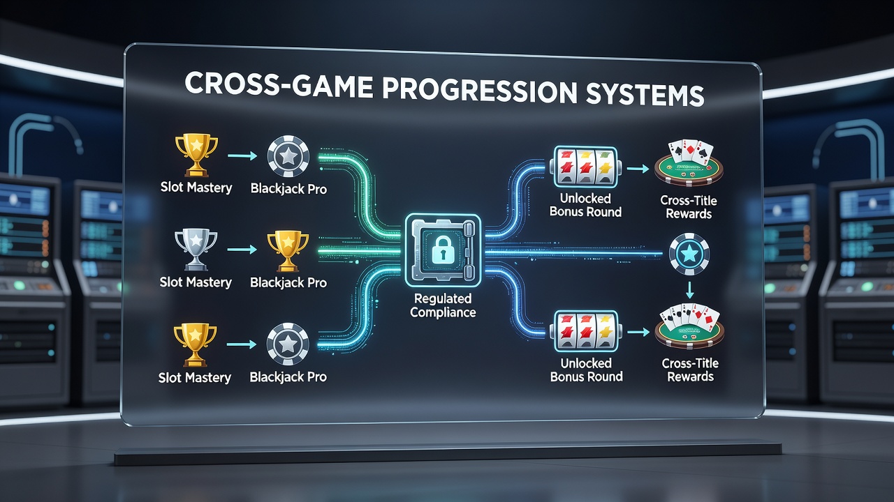 Illustratie van cross-game progressie waarbij prestaties uit één gokkast elementen ontgrendelen in een ander spel binnen een KSA-gereguleerd platform