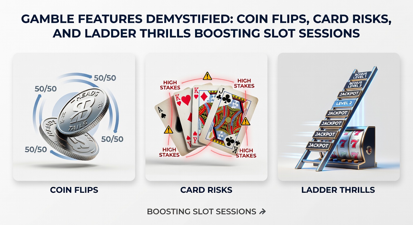 Grafische weergave van een coin flip gamble feature in een online slot, met een munt die in de lucht draait en winstkansen oplichtend op het scherm