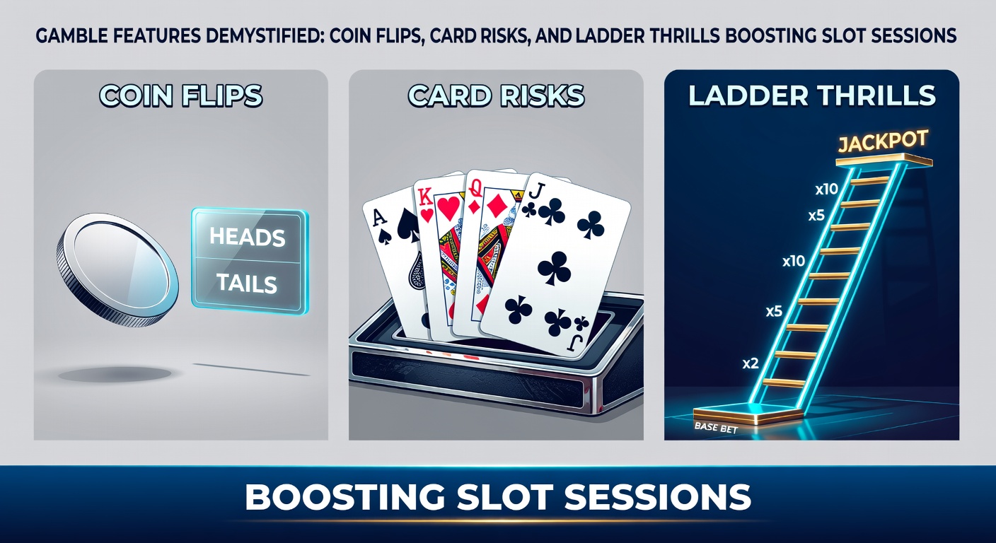 Close-up van een card gamble feature met een getrokken kaart en opties voor kleur of suit, multiplier-ladders zichtbaar op de achtergrond