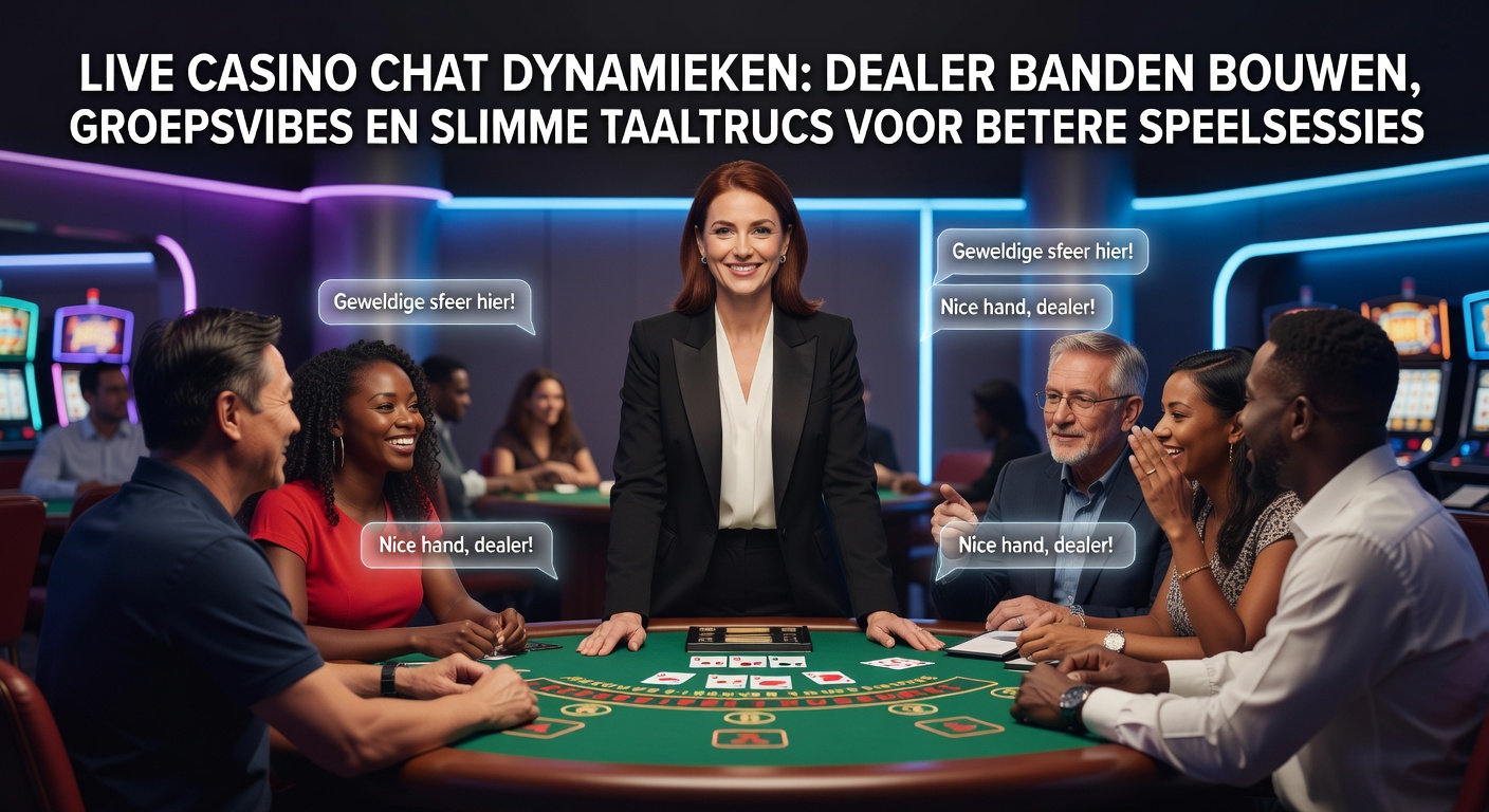 Live casino spelers chatten levendig met dealer en tafelgenoten tijdens een blackjack sessie, met kaarten en fiches zichtbaar op het scherm