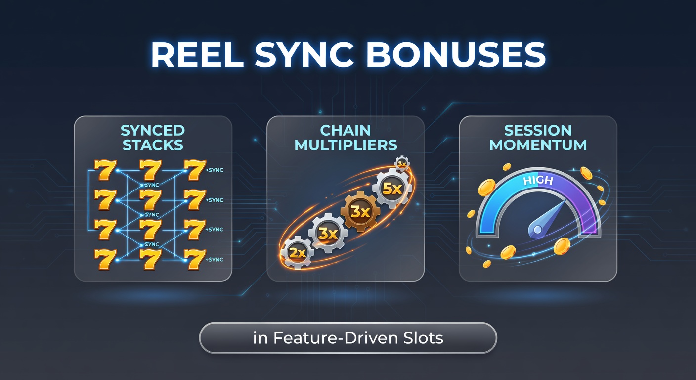 Schermafbeelding van gesynchroniseerde stacks die tegelijkertijd vallen in een feature-driven slot, met zichtbaar momentum opbouwende multipliers