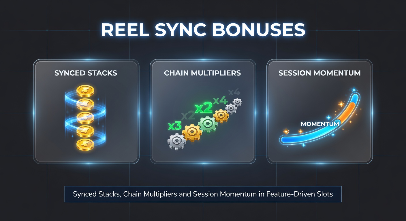 Dynamische weergave van een chain multiplier die oploopt van 2x naar 50x tijdens een reel sync bonusronde, met stacked symbolen op meerdere rollen
