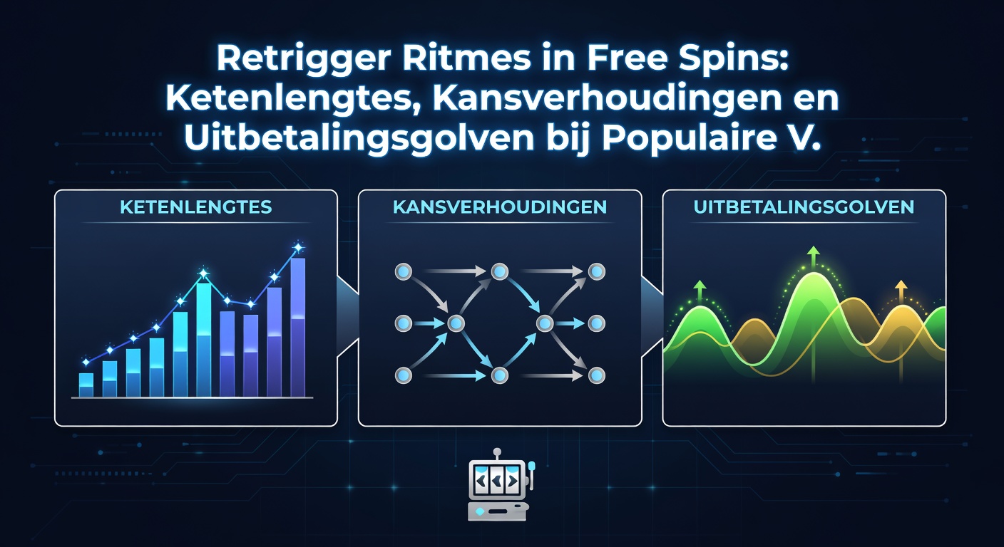 Grafiek met uitbetalingsgolven in free spins, illustrerend pieken bij lange retrigger-ketens op populaire videoslots