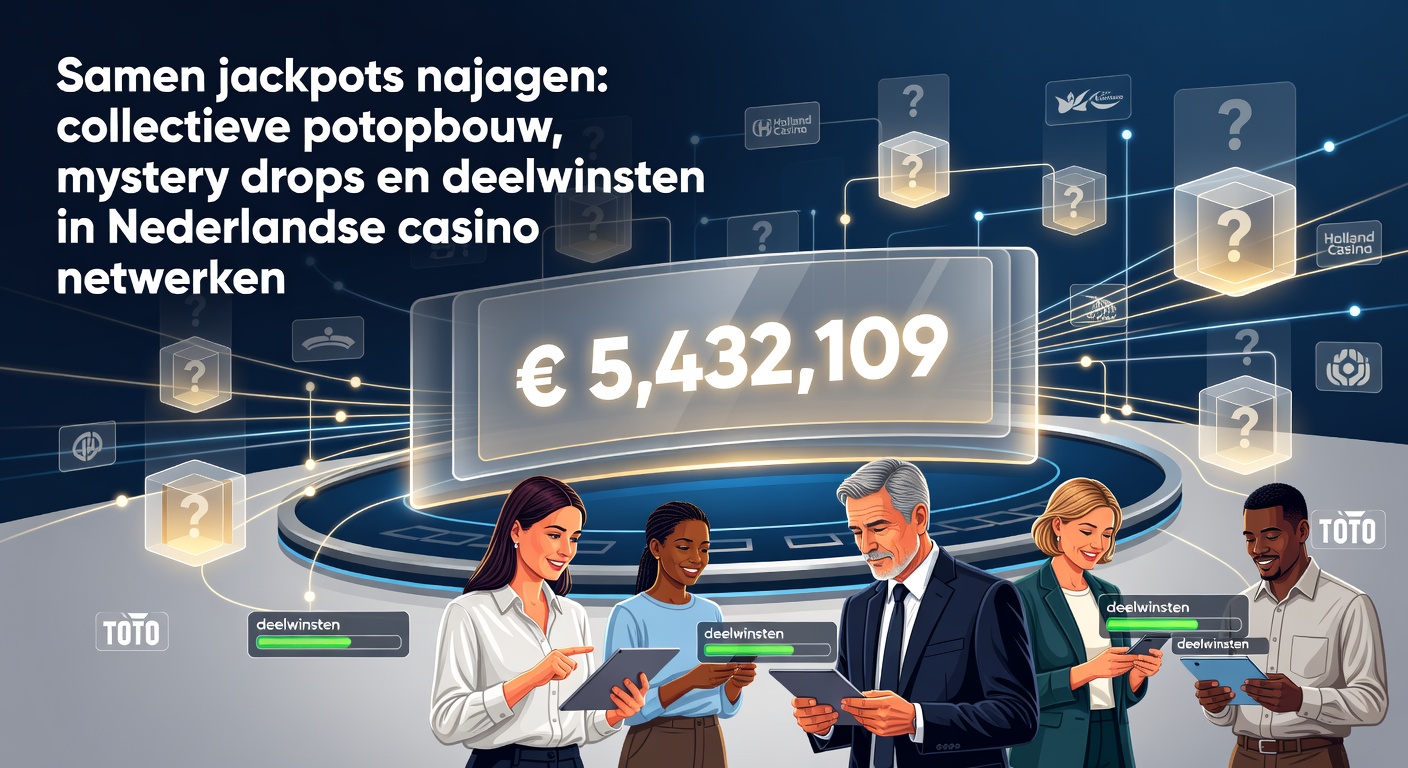 Spannende weergave van spelers die samen jagen op een groeiende jackpotpot in een Nederlands casino netwerk, met vallende munten en mystery drops in actie