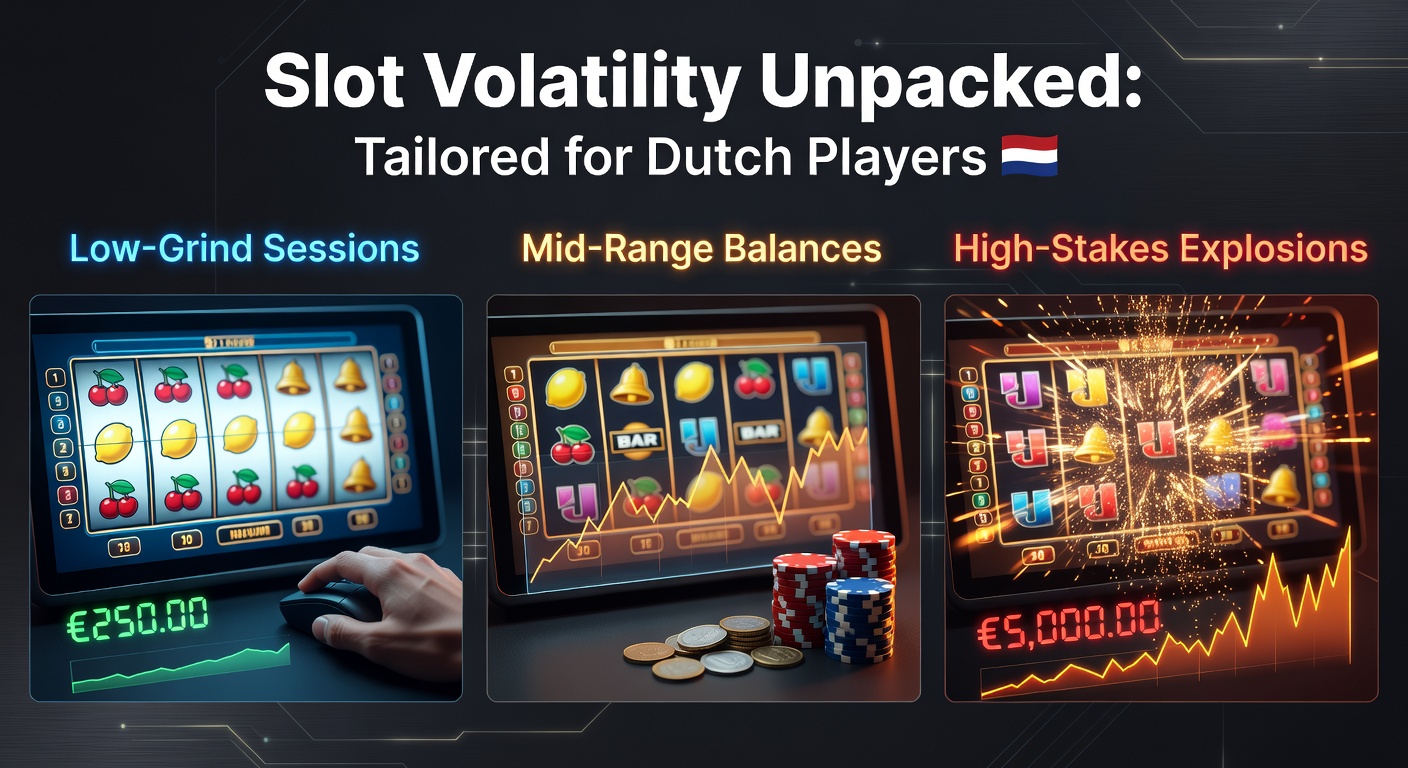 Grafiek die de volatiliteitcurves van slots illustreert met lijnen voor lage, middelgrote en hoge variantie, inclusief winfrequentie en uitbetalingshoogtes