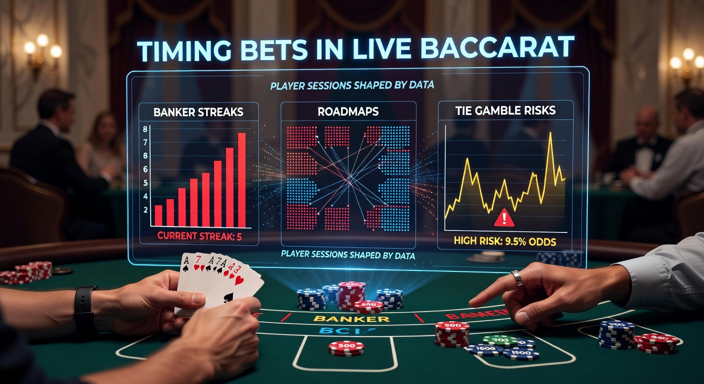 Live baccarat tafel met roadmap display en spelers die stakes timen op banker streaks