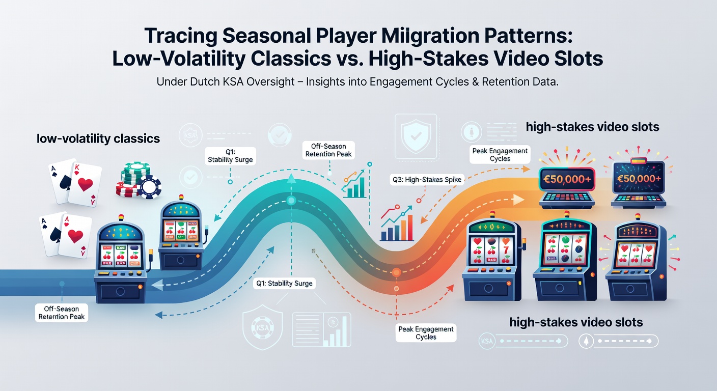 Grafiek die seizoensgebonden verschuivingen in spelersactiviteit tussen low-volatility slots en high-stakes videoslots illustreert onder KSA-regulering