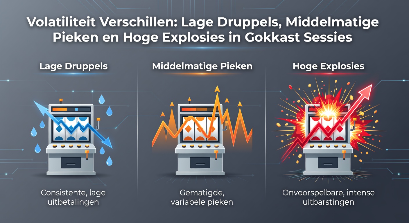 Vergelijkende grafiek van winstdistributie in lage, middelmatige en hoge volatiliteit gokkasten, met pieken en dalen zichtbaar
